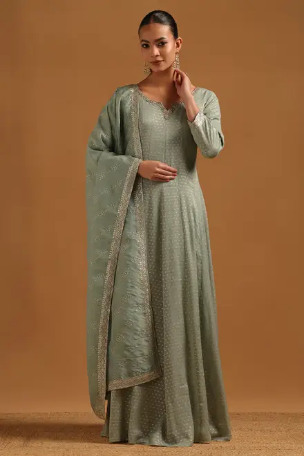Powder Blue Tissue Woven Design Gown With Hand Embroidery and Bead & Stone Details